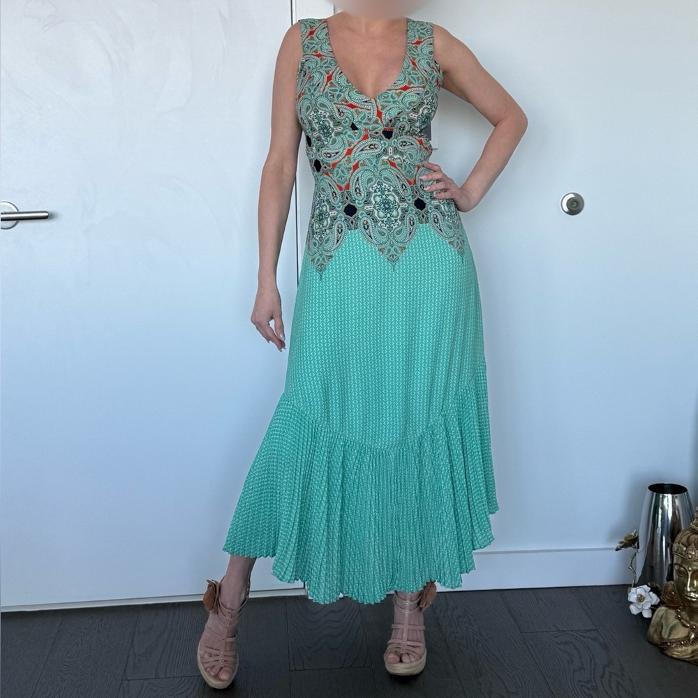 Maeve Backless Paisley Dress in Green and Red